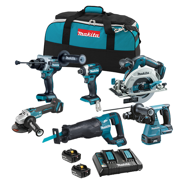 Kit Makita DLX6109TX1 avec six outils Brushless 18 V LXT, deux batteries, chargeur double et sac sur fond neutre